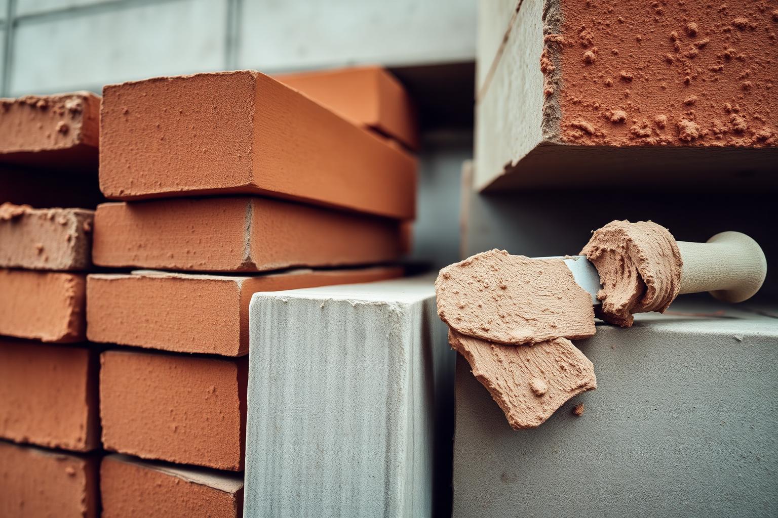 Stacked clay bricks, concrete blocks and a mason's trowel
