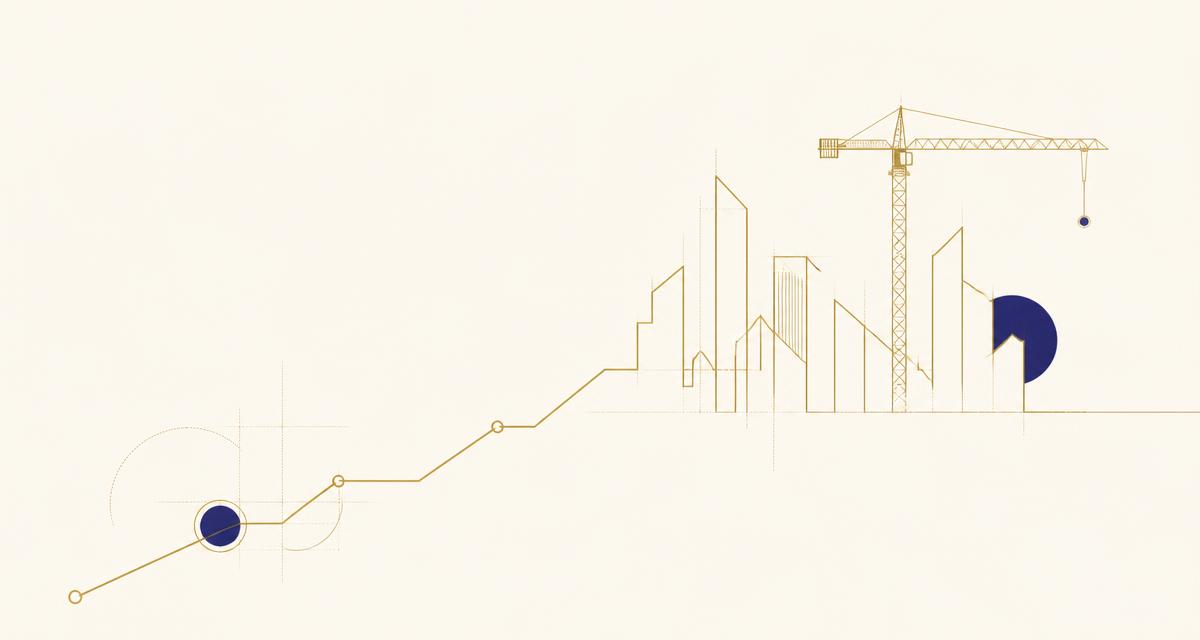 Gouden lijntekening van een stijgende commerciële lijn die overgaat in een skyline met bouwkraan