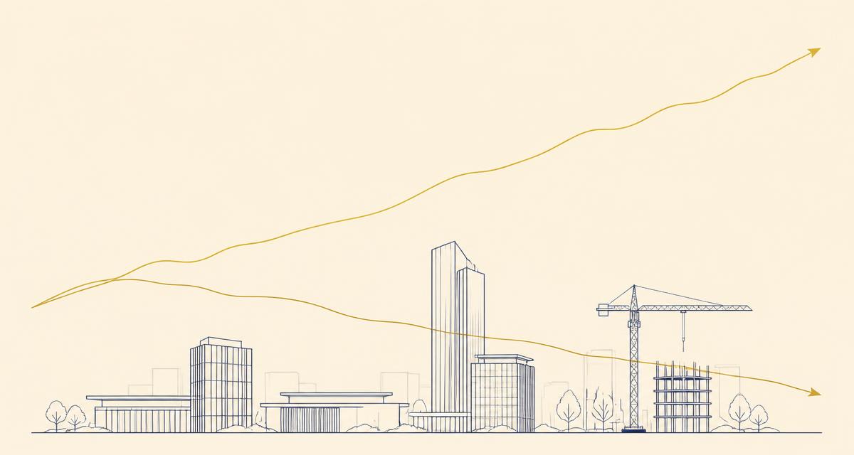 Gouden lijntekening van een stijgende omzetlijn en een dalende margelijn boven een skyline met bouwkraan